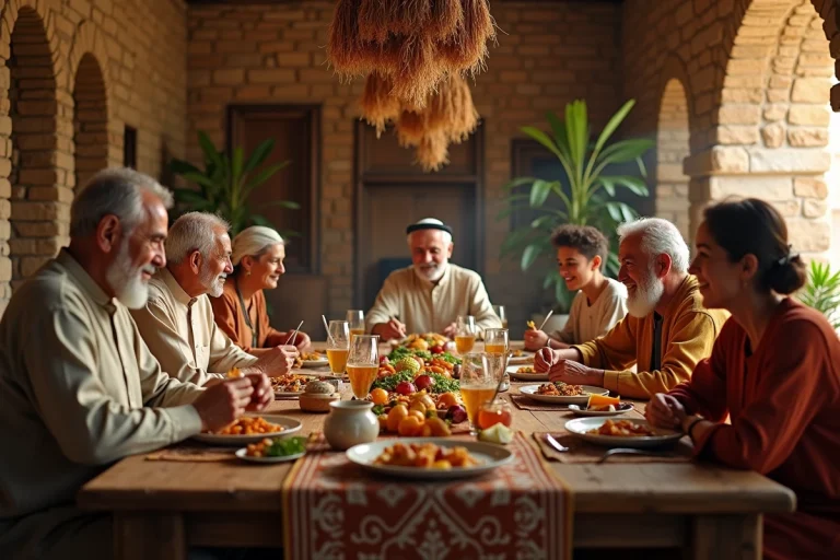 Famille multigénérationnelle du Moyen-Orient réunie autour d'un repas traditionnel, illustrant les liens familiaux étroits dans les sociétés à forte endogamie