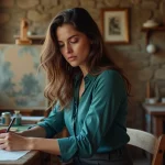 Femme élégante en studio d'art avec bureau et esquisses