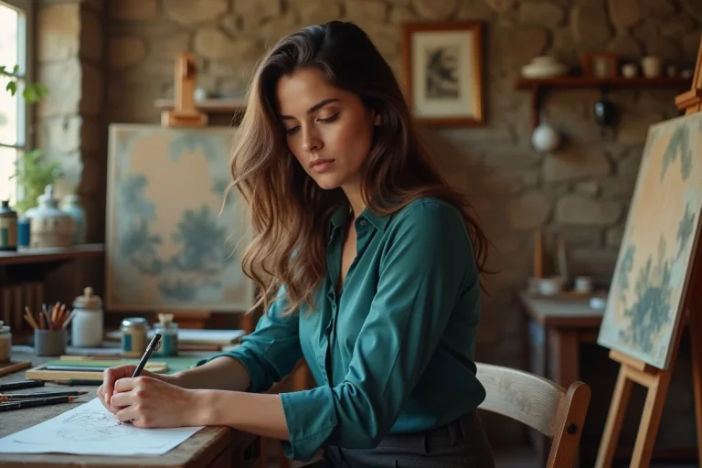 Femme élégante en studio d'art avec bureau et esquisses