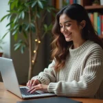 Femme souriante travaillant sur un blog à son bureau