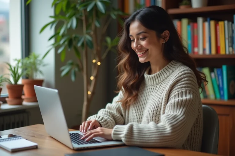 Femme souriante travaillant sur un blog à son bureau