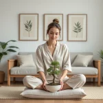 Femme méditant avec un bonsai dans un salon zen