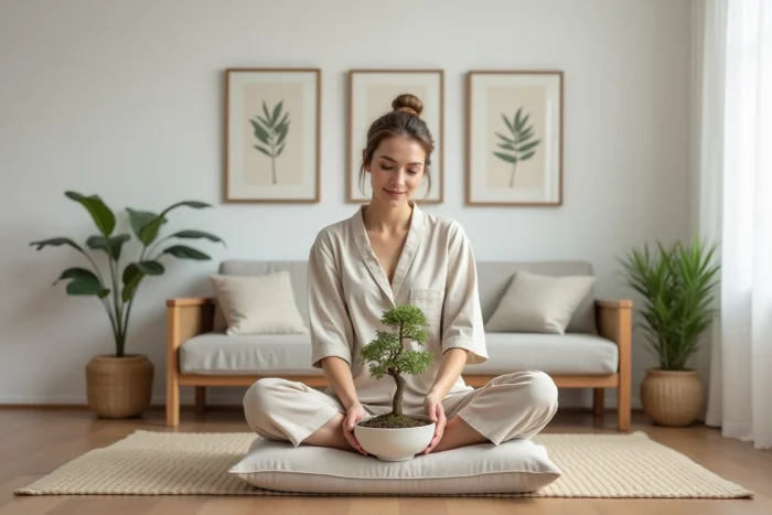 Femme méditant avec un bonsai dans un salon zen