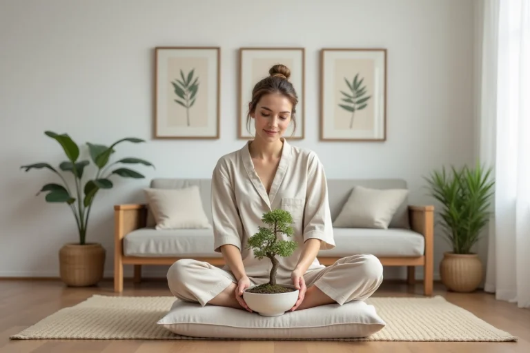 Femme méditant avec un bonsai dans un salon zen