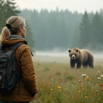 Femme contemplant un ours dans la forêt au matin