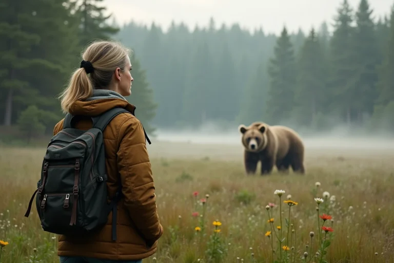 Femme contemplant un ours dans la forêt au matin