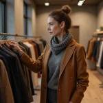 Femme élégante dans une boutique moderne en tenue chic
