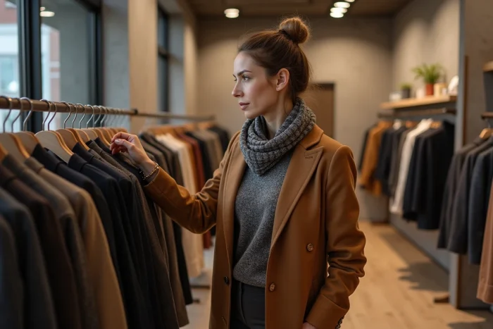 Femme élégante dans une boutique moderne en tenue chic