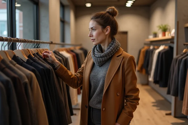 Femme élégante dans une boutique moderne en tenue chic