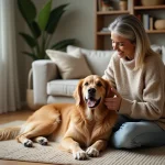 Femme caressant un retriever dans un salon chaleureux