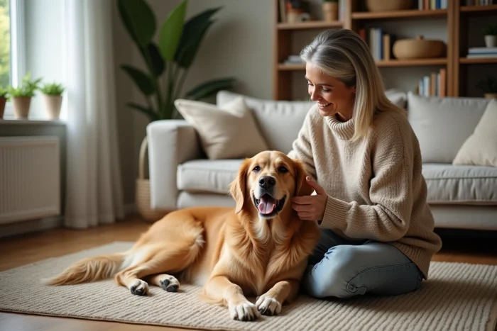 Femme caressant un retriever dans un salon chaleureux