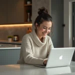 Femme souriante utilisant un ordinateur portable dans la cuisine
