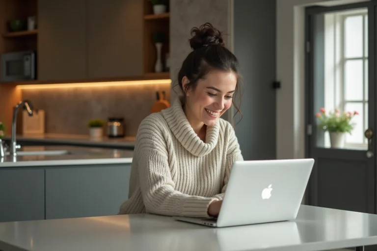 Femme souriante utilisant un ordinateur portable dans la cuisine