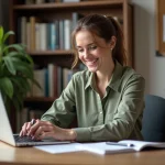 Femme souriante travaillant sur son ordinateur dans un bureau cosy