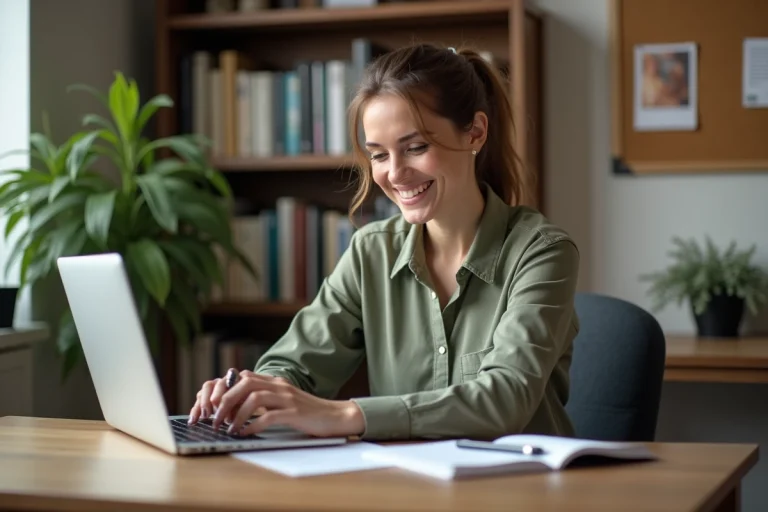 Femme souriante travaillant sur son ordinateur dans un bureau cosy