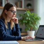 Femme au bureau calme et organisée avec ordinateur portable