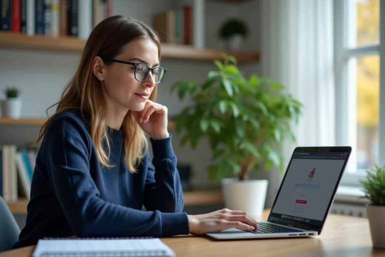 Femme au bureau calme et organisée avec ordinateur portable