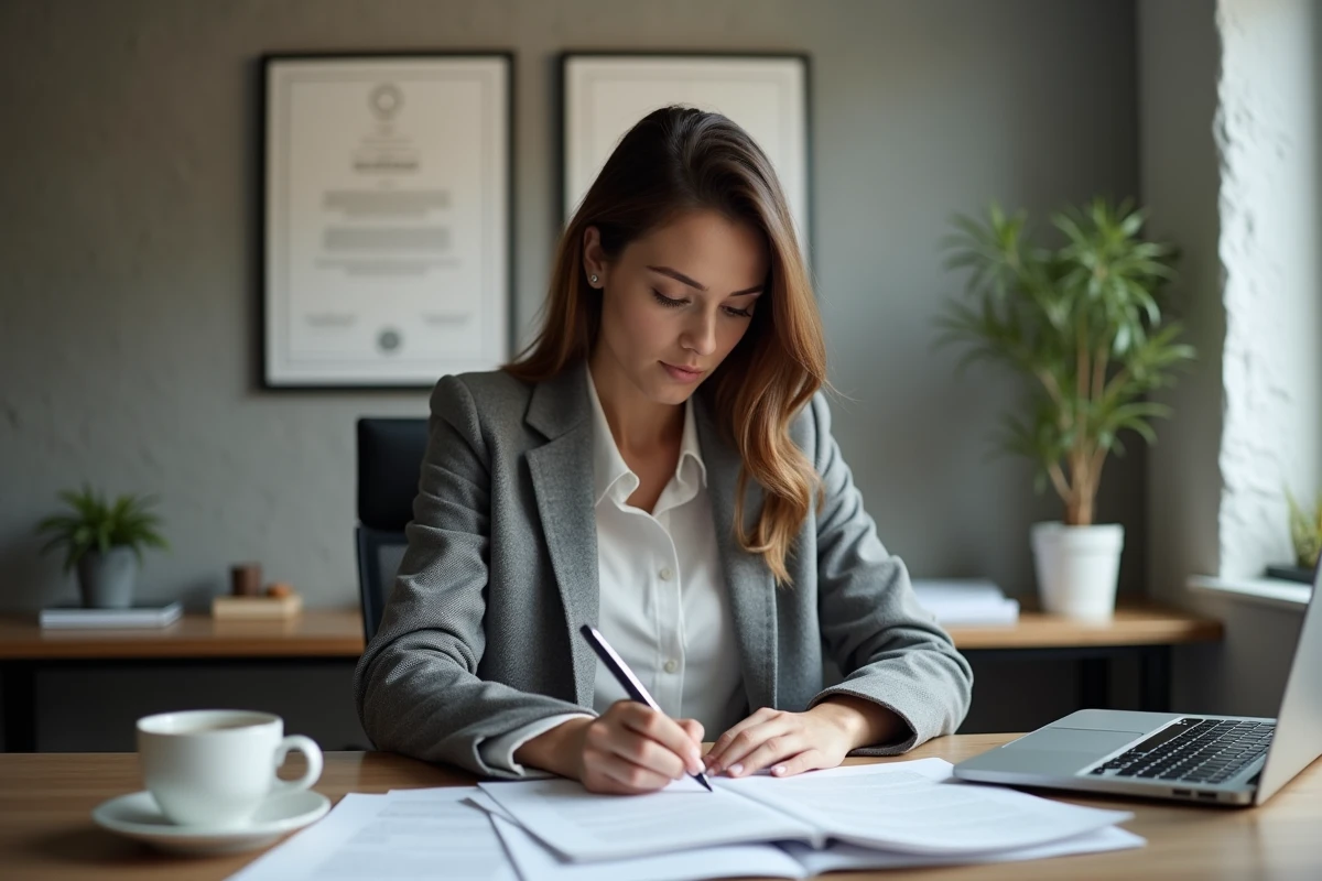 Femme en blazer gris étudiant le Code civil français