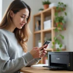 Femme connectant son téléphone portable à une imprimante Canon depuis son bureau à domicile