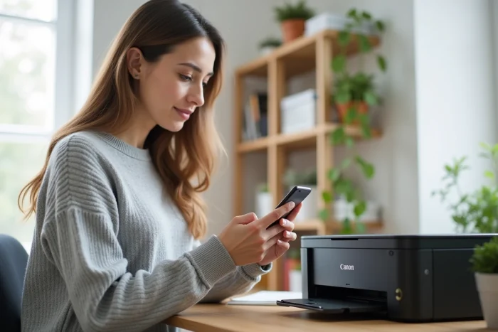 Femme connectant son téléphone portable à une imprimante Canon depuis son bureau à domicile