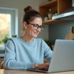 Femme en cuisine consulte un médecin sur son ordinateur