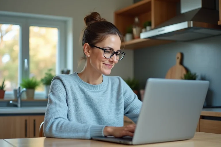 Femme en cuisine consulte un médecin sur son ordinateur