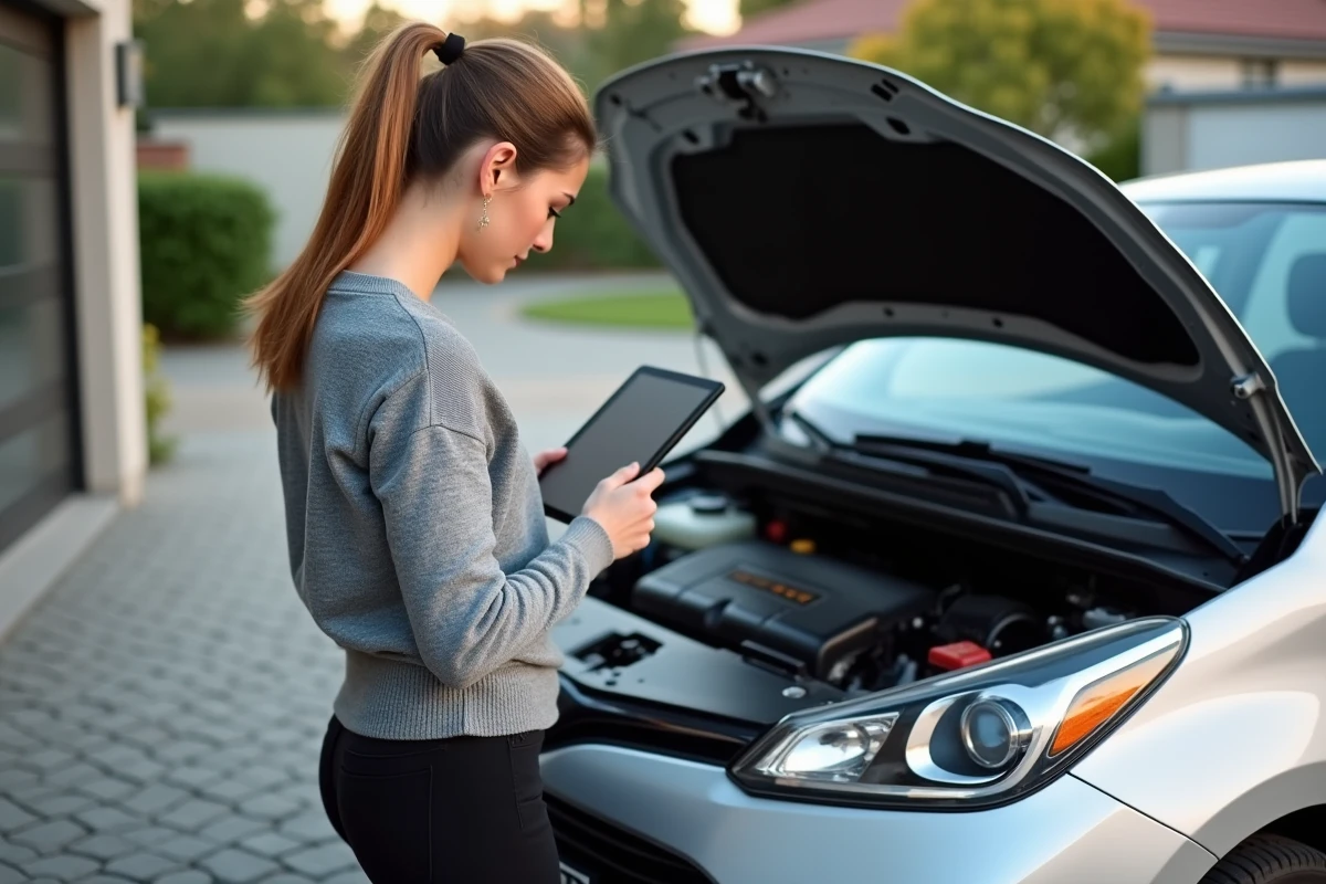 Femme vérifiant le moteur d