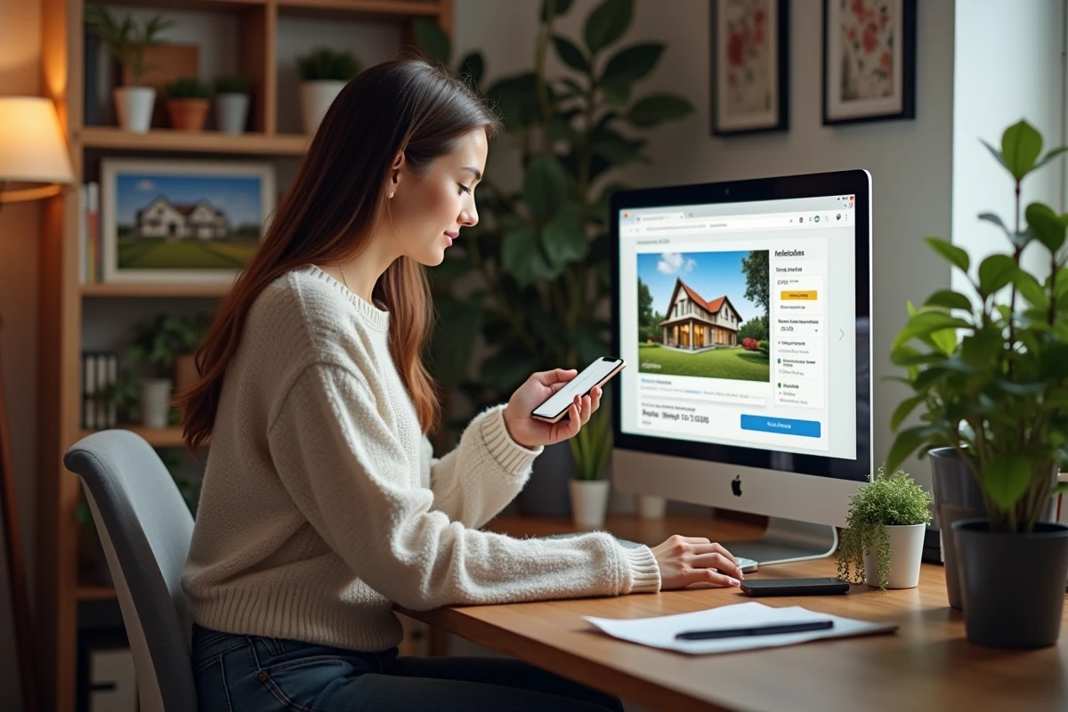 Jeune femme regardant une annonce immobiliere sur son ecran