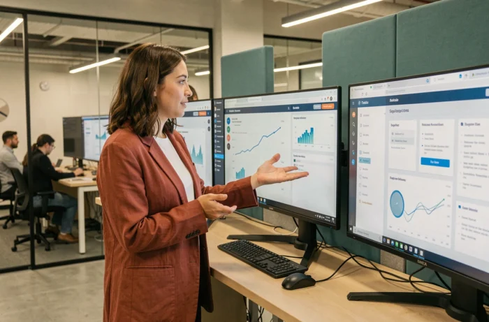 Femme innovatrice présentant des interfaces numériques dans un espace de co-working connecté