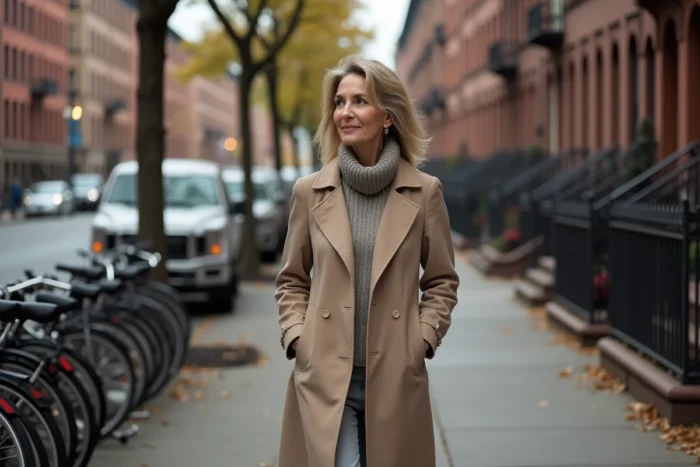 Femme en trench marche dans une rue urbaine en automne