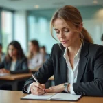 Femme prenant des notes lors d'une formation pour adultes