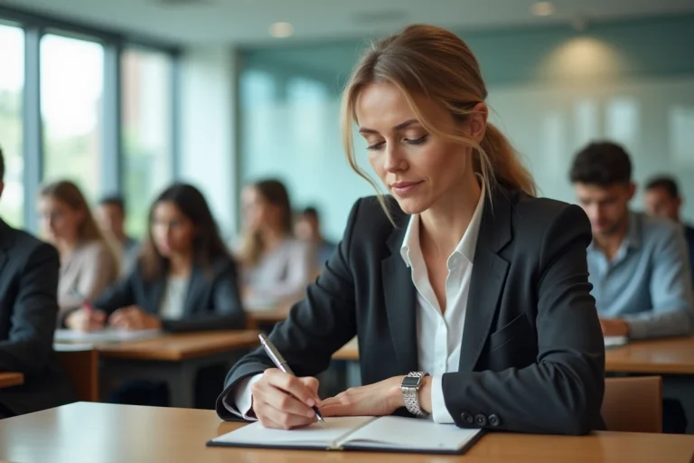 Femme prenant des notes lors d'une formation pour adultes