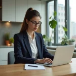 Jeune femme professionnelle consulte annonces immobilières