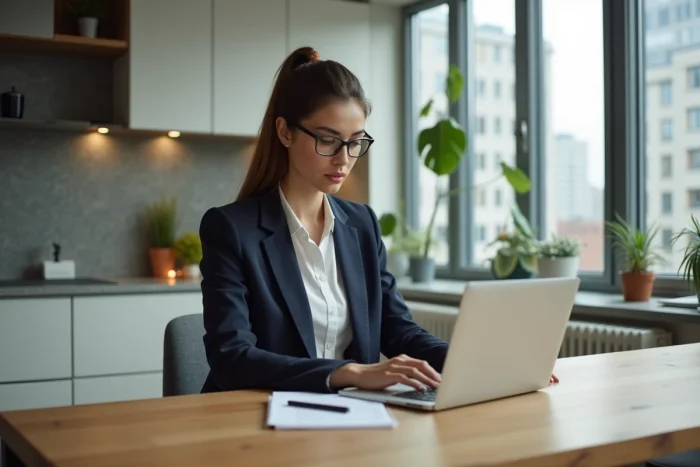 Jeune femme professionnelle consulte annonces immobilières