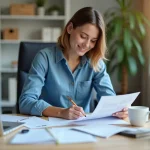 Femme remplissant des papiers CPAM dans un bureau moderne