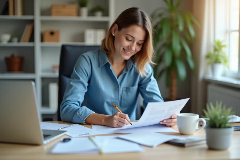 Femme remplissant des papiers CPAM dans un bureau moderne