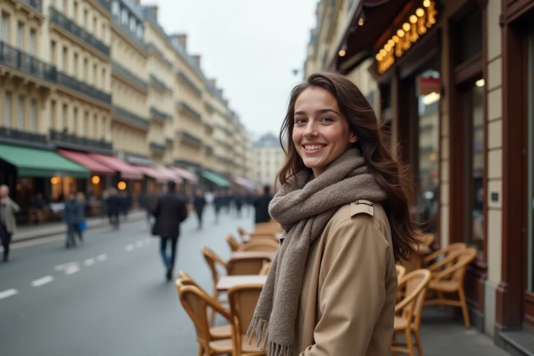 Jeune femme dans une rue parisienne charmante