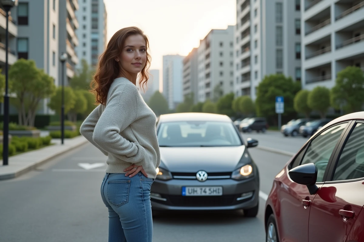 Jeune femme garer sa voiture dans un parking urbain