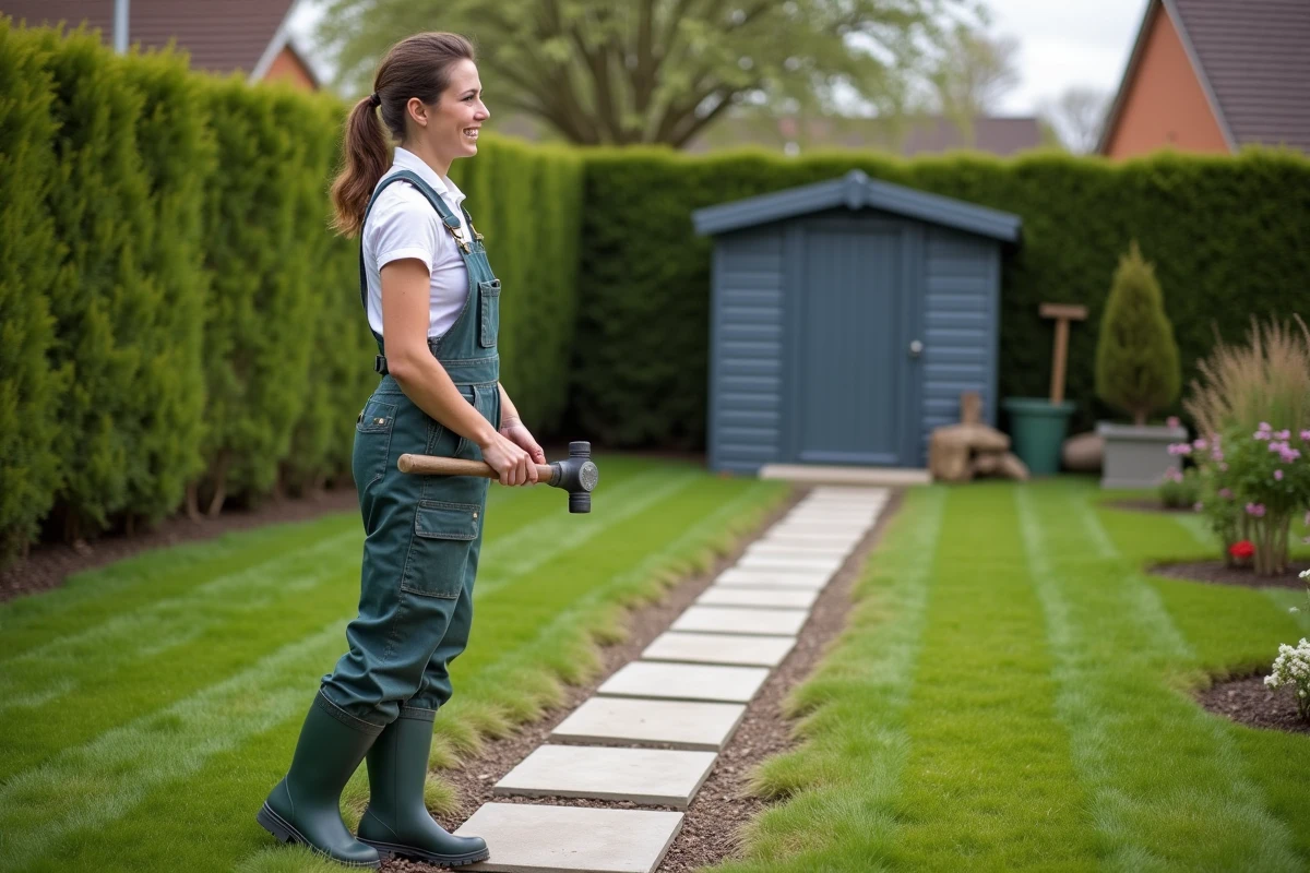 Jeune femme souriante posant des pavés dans le jardin
