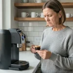 Femme examinant une machine Tassimo avec une petite tasse de café presque vide sur le comptoir de cuisine