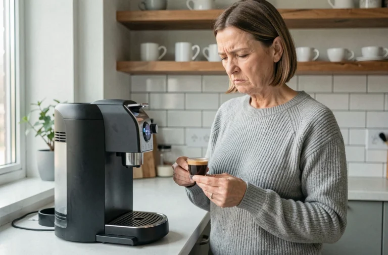 Femme examinant une machine Tassimo avec une petite tasse de café presque vide sur le comptoir de cuisine