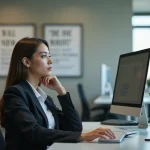 Jeune femme en costume dans un bureau moderne