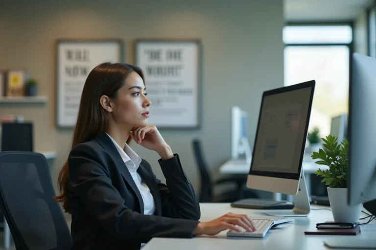 Jeune femme en costume dans un bureau moderne