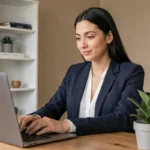 Une femme en blazer navy cherche un emploi sur un site de recrutement depuis son bureau à domicile