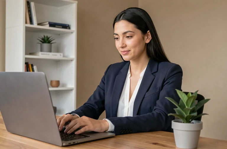 Une femme en blazer navy cherche un emploi sur un site de recrutement depuis son bureau à domicile