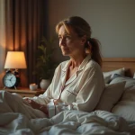 Femme d'âge moyen au réveil dans son lit au matin