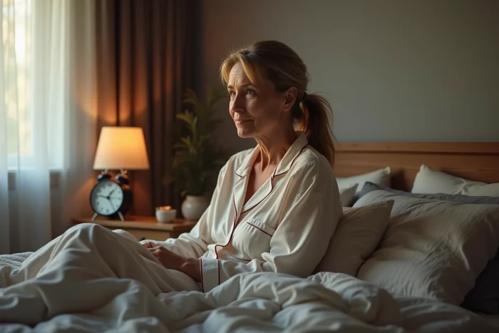 Femme d'âge moyen au réveil dans son lit au matin