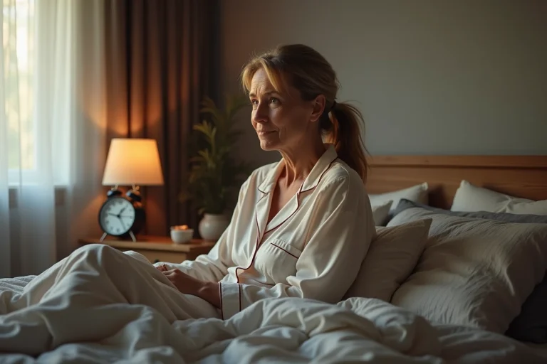Femme d'âge moyen au réveil dans son lit au matin