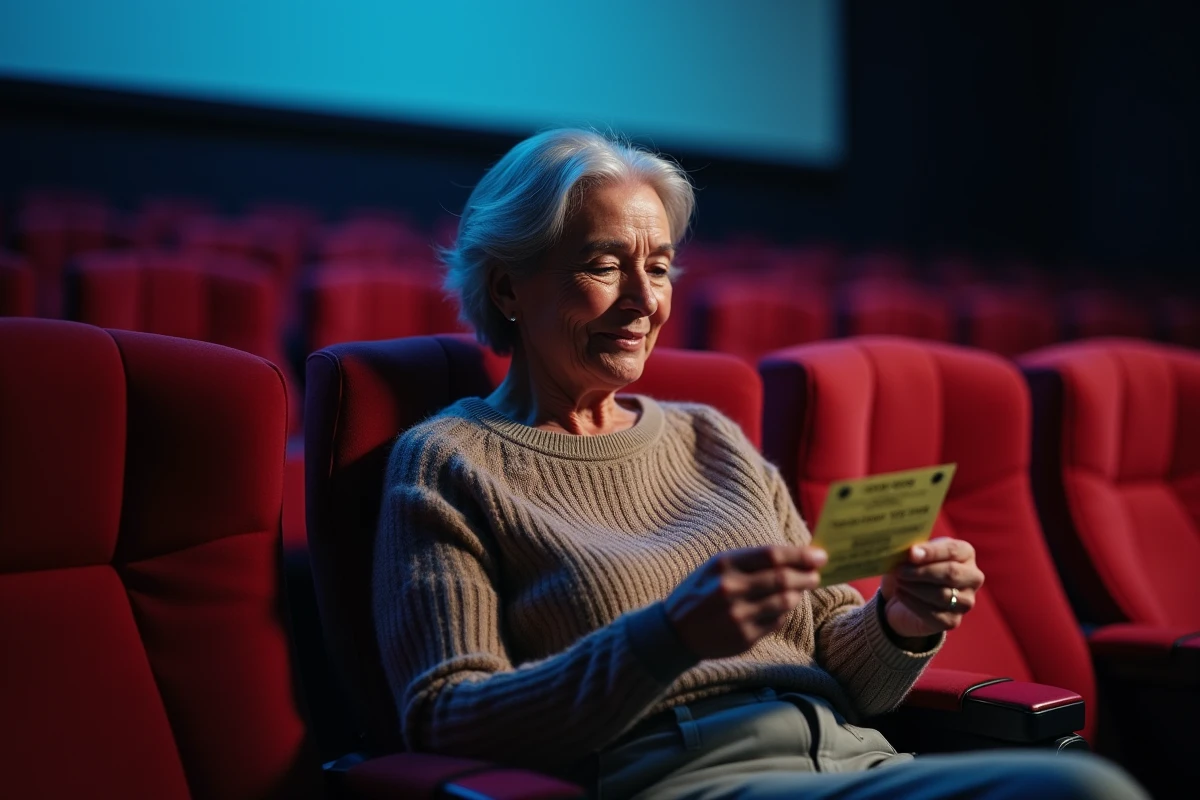 Femme senior examine un billet dans une salle de cinéma