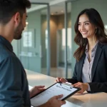 Femme discutant avec un employe dans un centre de location